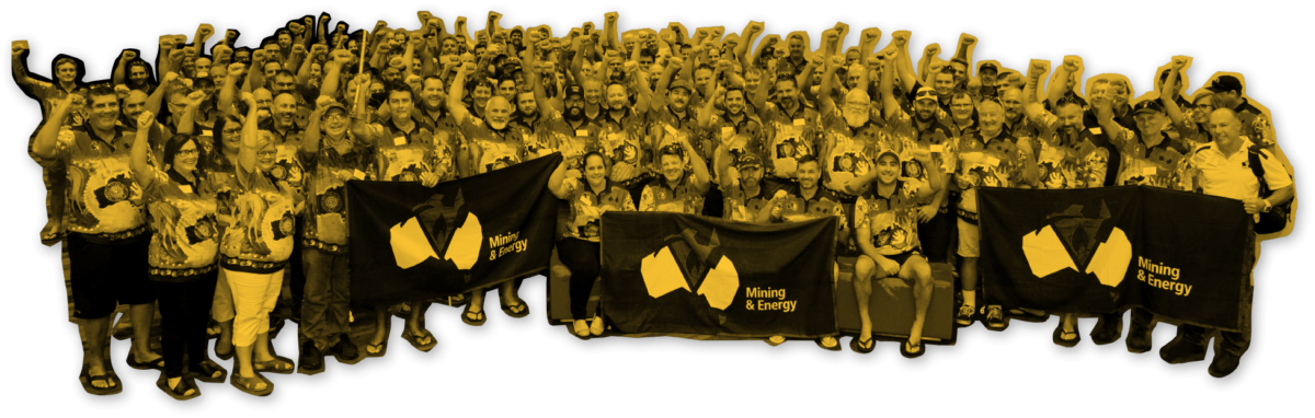 Mining and Energy Union members standing in front of a union flag with their fists raised in the air