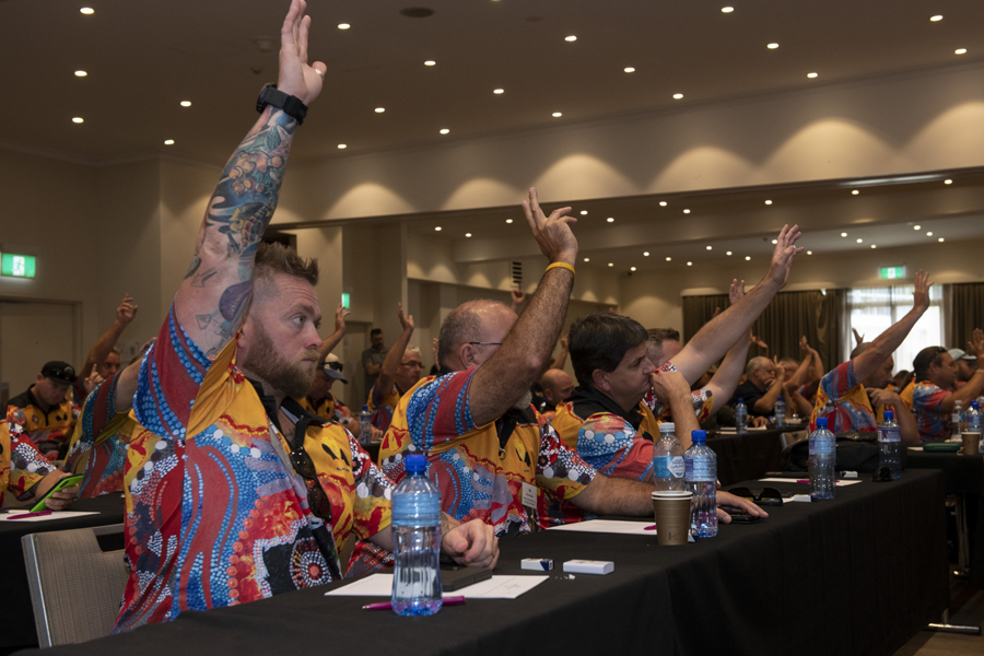 members holding their hands in the air to vote