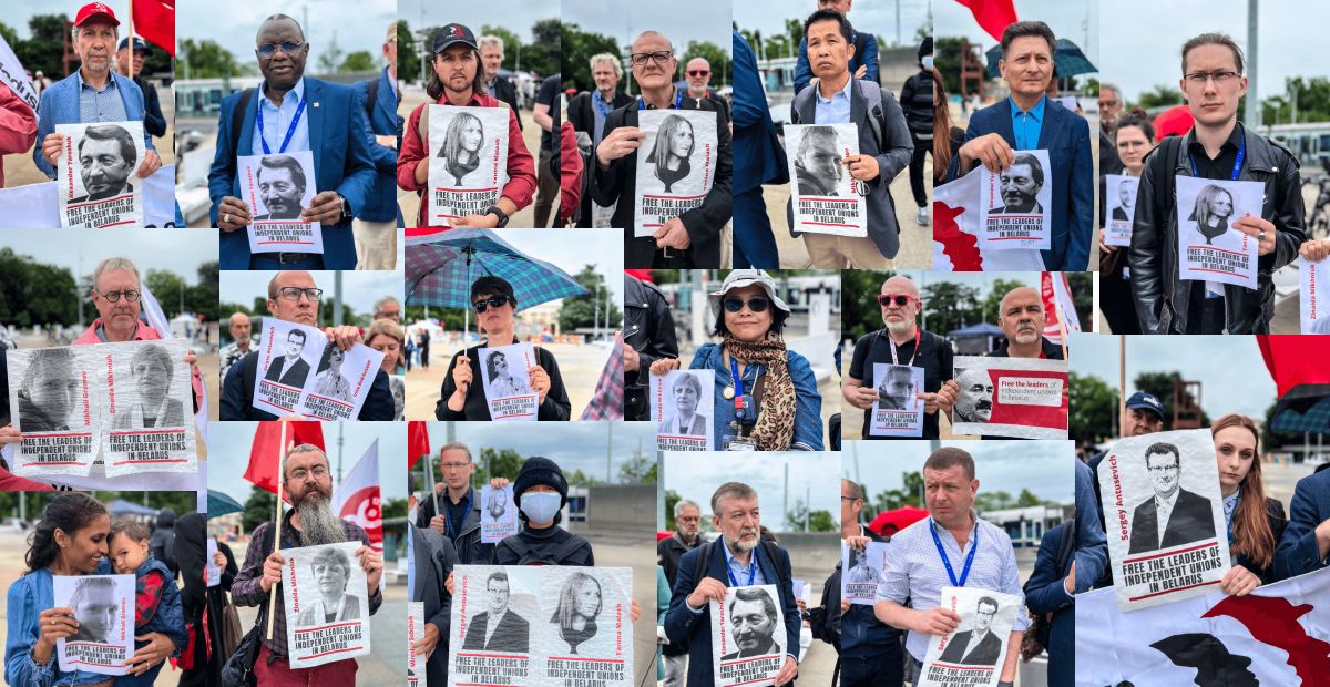 Collage of people at a demonstration holding the posters of imprisoned trade union leaders