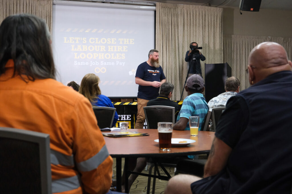 Dan Repacholi leading a forum for workers on the Same Job Same Pay laws.