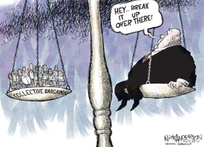 A cartoon depicting enterprise bargaining as a scale, with an oversized employer on one side with a united workforce as the balance.