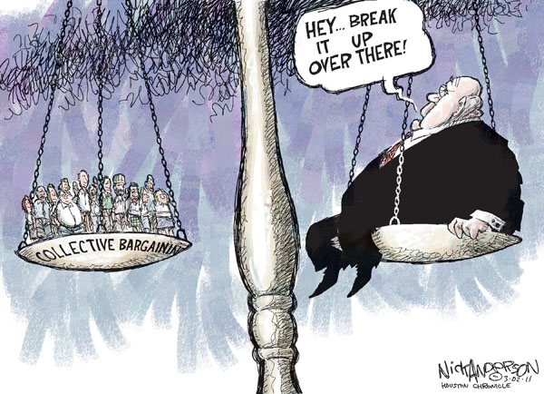 A cartoon depicting enterprise bargaining as a scale, with an oversized employer on one side with a united workforce as the balance.